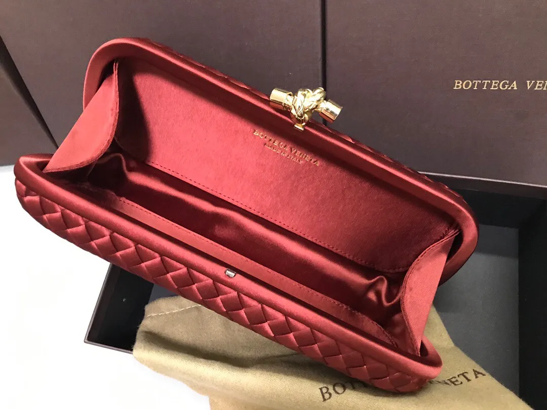 Style No. 8651, upgraded version of full silk evening bag inside and outside~~~INTRECCIATO woven IMPERO STRETCH KNOT clutch bag, hand-woven silk, smooth satin piping, Intrecciato engraved metal buckle, silk satin lining. Large size: 25cm*10cm*5cm